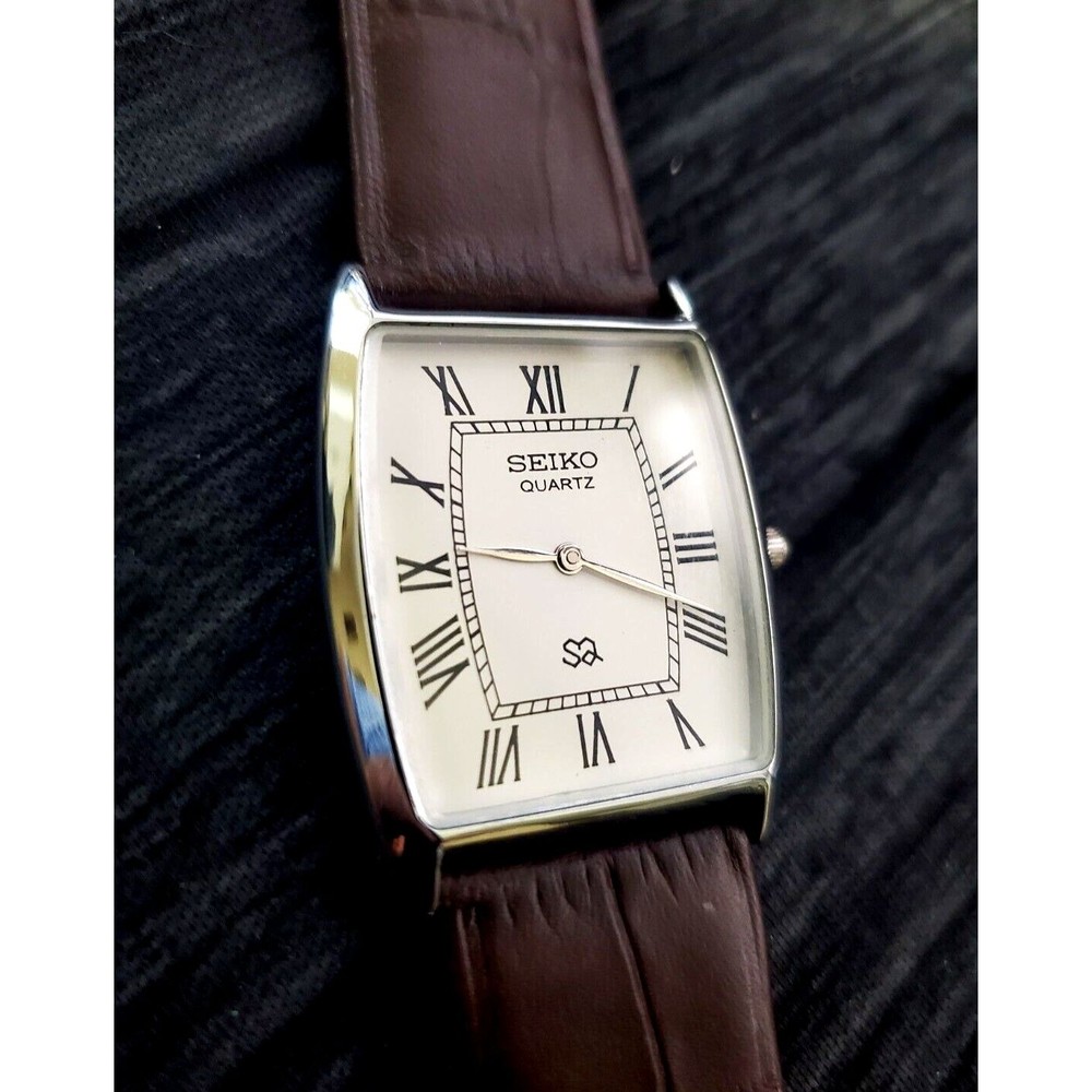 RARE NOS Seiko Men Barrel Tank White Roman Dial Brown‎ Leather band Dress…